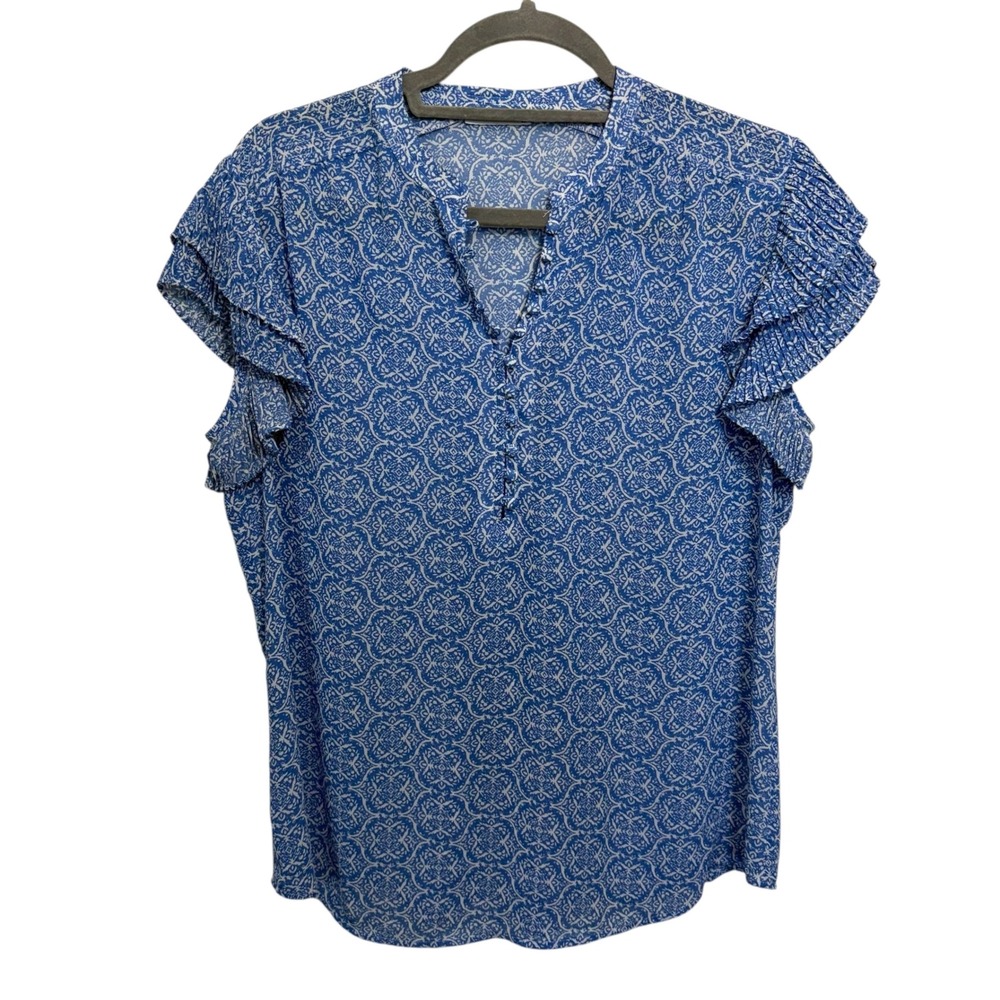 Golbary Ruffle Sleeve Blouse‎ Womens 40/L Blue White Medallion Print